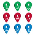 Map pointer 3d pin for Smart City. Set of 3D geolocation signs with icons. Transport, medicine, attractions. Location symbols vec